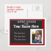 Invitation Carte Postale Maison ouverte de remise des diplômes rouge blanc (Devant / Derrière)