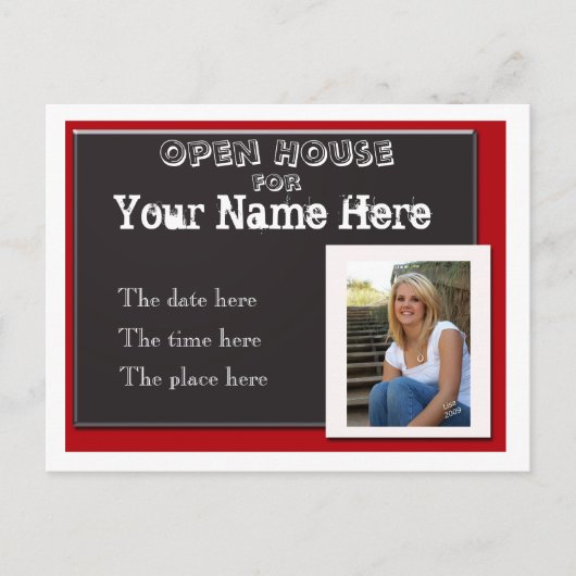 Invitation Carte Postale Maison ouverte de remise des diplômes rouge blanc (Devant)