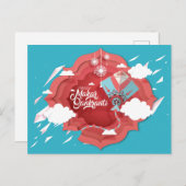 Invitation Carte Postale Makar Sankranti bleu et rouge cerf-volant (Devant / Derrière)