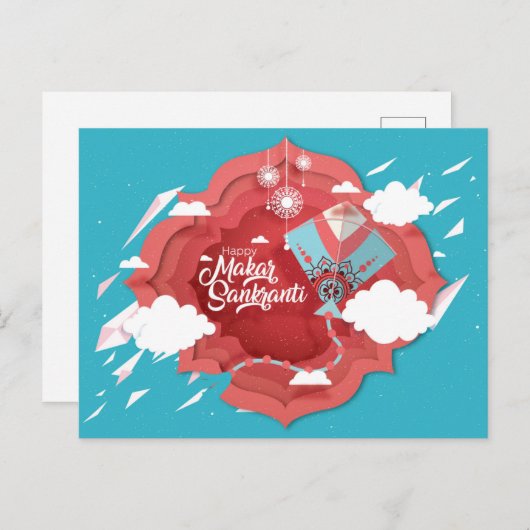 Invitation Carte Postale Makar Sankranti bleu et rouge cerf-volant (Devant / Derrière)