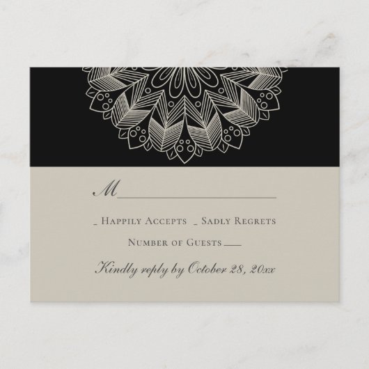 Invitation Carte Postale Mandala Boho Indian Elegant Noir Mariage RSVP (Devant)