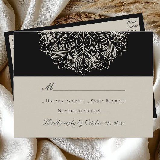 Invitation Carte Postale Mandala Boho Indian Elegant Noir Mariage RSVP