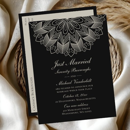 Invitation Carte Postale Mandala Indian Boho Black Just Married Wedding