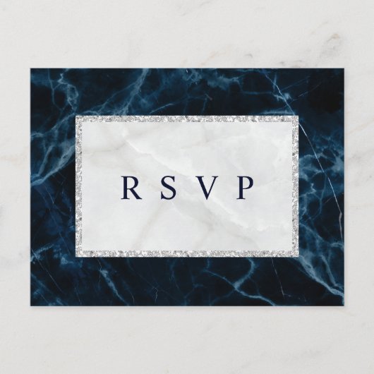Invitation Carte Postale Marbre blanc bleu de la Marine RSVP mariage (Devant)