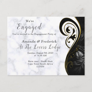 Invitation Carte Postale Marbre Blanc - Fiançailles Noir Abstrait