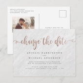 Invitation Carte Postale Marbre Chic & Or Rose Script Changer la Date (Devant / Derrière)