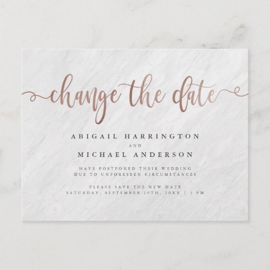 Invitation Carte Postale Marbre Chic & Or Rose Script Changer la Date (Devant)
