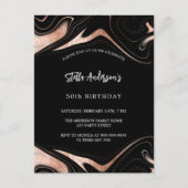 Invitation Carte Postale Marbre d'or noir rose anniversaire moderne (Devant)