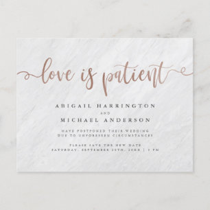Invitation Carte Postale Marbre et or rose Calligraphie L'amour est patient
