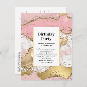 Invitation Carte Postale Marbre rose or Rose de luxe Design Anniversaire