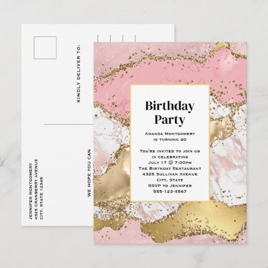 Invitation Carte Postale Marbre rose or Rose de luxe Design Anniversaire (Devant / Derrière)