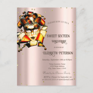 Invitation Carte Postale Mardi Gras Masque Diamants Or Rose Sweet 16