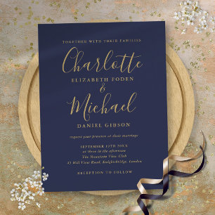 Invitation Carte Postale Mariage à la signature bleu marine et or