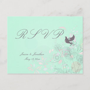 Invitation Carte Postale Mariage à ressort à fleurs rose + gris RSVP