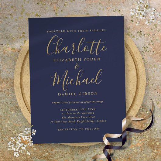 Invitation Carte Postale Mariage à signature Navy Blue et Or