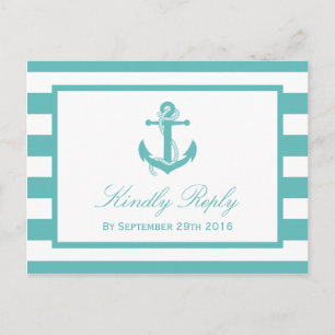 Invitation Carte Postale Mariage Ancre en bande turquoise marine RSVP