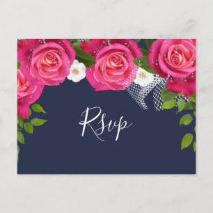Invitation Carte Postale Mariage bleu et rose de minuit - RSVP