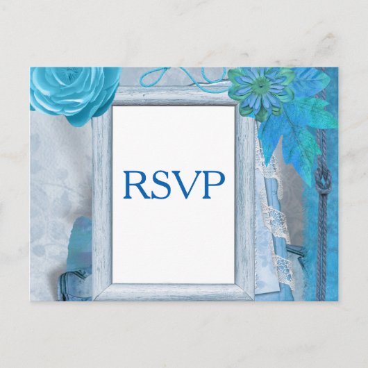 Invitation Carte Postale Mariage bleu RSVP (Devant)