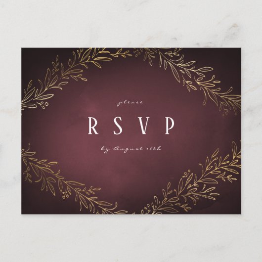 Invitation Carte Postale Mariage botanique en or doré bordeaux RSVP (Devant)