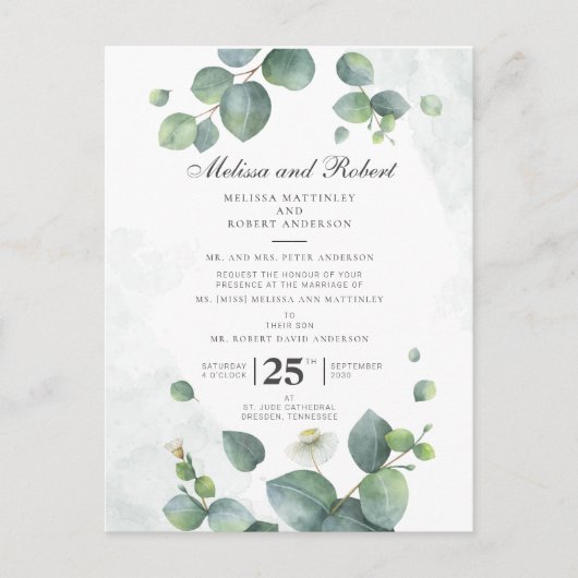 Invitation Carte Postale Mariage botanique Eucalyptus Greenery (Devant)