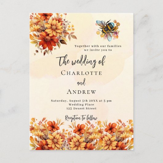 Invitation Carte Postale Mariage brûlé orangé fleurs d'automne abeille (Devant)