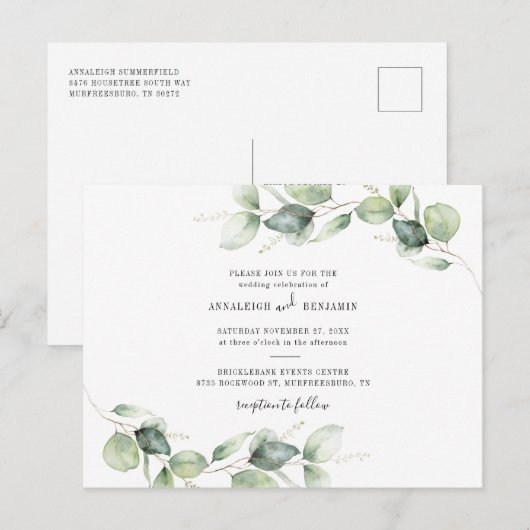 Invitation Carte Postale Mariage campagnard botanique Eucalyptus Foliage (Devant / Derrière)
