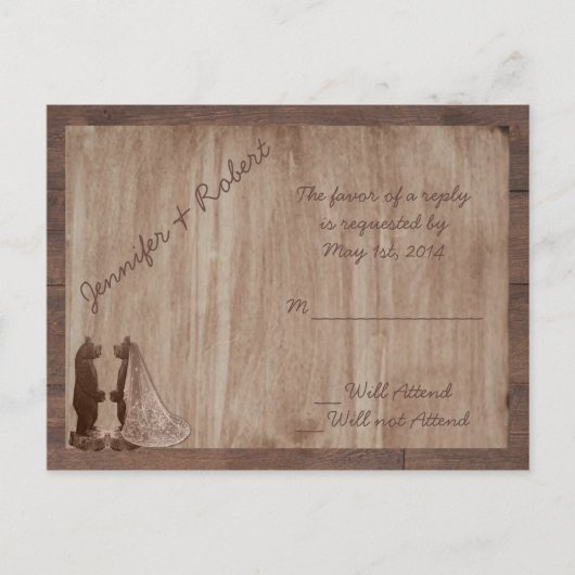 Invitation Carte Postale Mariage campagnard d'ours en bois de grange RSVP (Devant)
