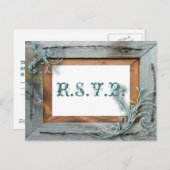 Invitation Carte Postale mariage campagnard en bois de grange bleu rustique (Devant / Derrière)