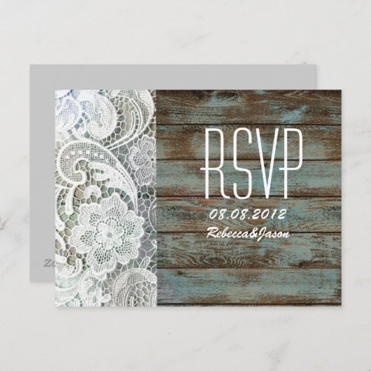 Invitation Carte Postale mariage campagnard en dentelle de grange bleu vint (Devant / Derrière)