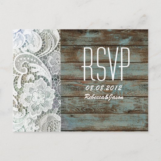 Invitation Carte Postale mariage campagnard en dentelle de grange bleu vint (Devant)