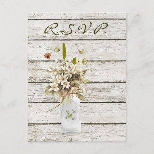 Invitation Carte Postale mariage campagnard fleur sauvage en bois blanc