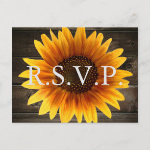Invitation Carte Postale Mariage campagnard rustique Bois et tournesols RSV