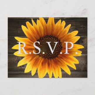 Invitation Carte Postale Mariage campagnard rustique Bois et tournesols RSV