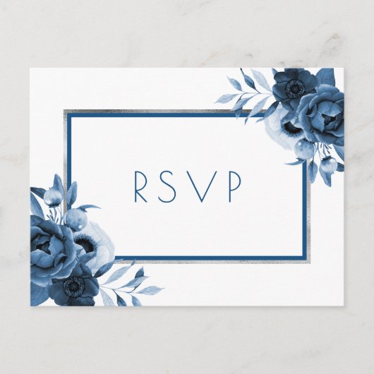 Invitation Carte Postale Mariage classique bleu floral argent blanc RSVP (Devant)