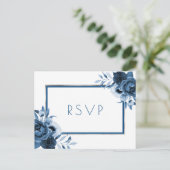Invitation Carte Postale Mariage classique bleu floral argent blanc RSVP (Debout devant)