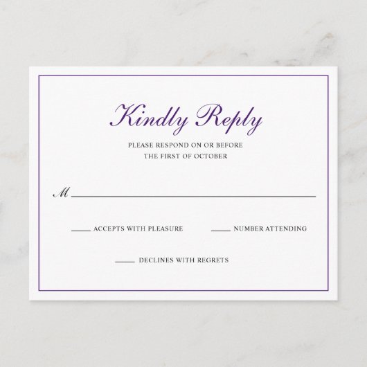 Invitation Carte Postale Mariage classique royal violet formel RSVP (Devant)