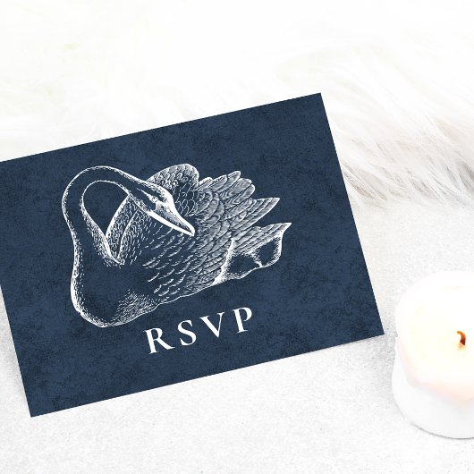 Invitation Carte Postale Mariage Cygne Blanc Nuit Bleu RSVP