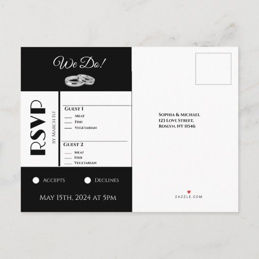 Invitation Carte Postale Mariage d'affaires blanc et noir RSVP - Po d'invit (Dos)