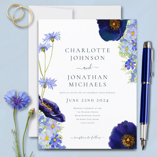 Invitation Carte Postale Mariage d'aquarelle Fleur sauvage bleu moderne