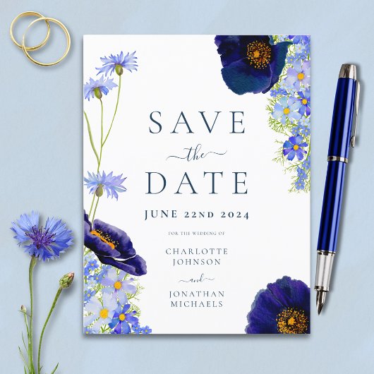 Invitation Carte Postale Mariage d'aquarelle Fleur sauvage bleu moderne