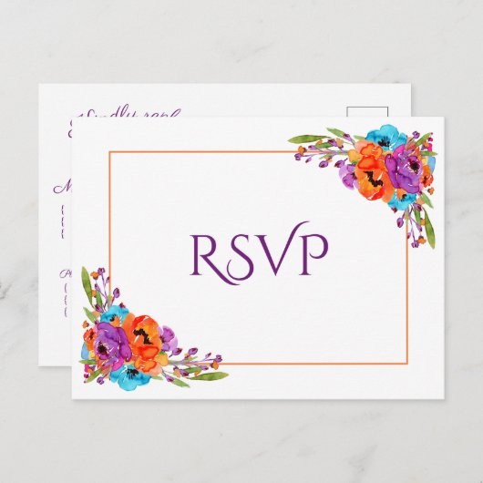 Invitation Carte Postale Mariage d'aquarelle florale violet orange RSVP (Devant / Derrière)