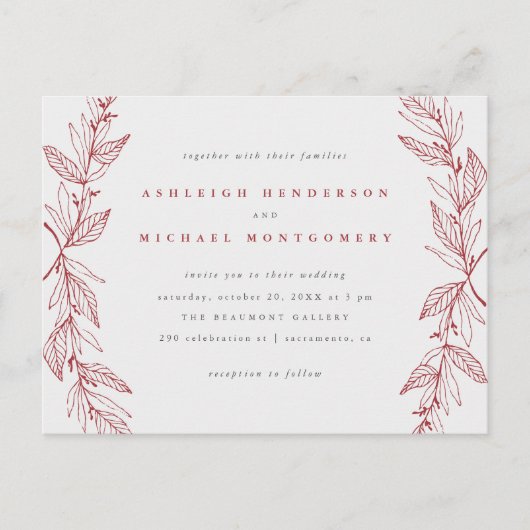 Invitation Carte Postale Mariage de couronne botanique rouge et gris (Devant)