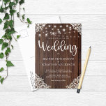 Invitation Carte Postale Mariage de dentelle en bois rustique<br><div class="desc">Bois rustique et String Lights Faire-part de mariage de dentelle avec un arrière - plan rustique en bois avec des cordes scintillantes de lumières et dentelle de style vintage dans les coins inférieurs. Le mot mariage est lancé dans une typographie élégante mais rustique, ce qui en fait le design parfait...</div>