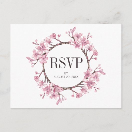 Invitation Carte Postale Mariage de fleurs de cerisier rose RSVP (Devant)