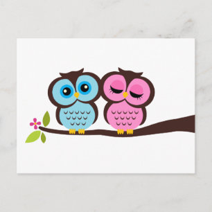 Invitation Carte Postale Mariage de hibou bleu et rose