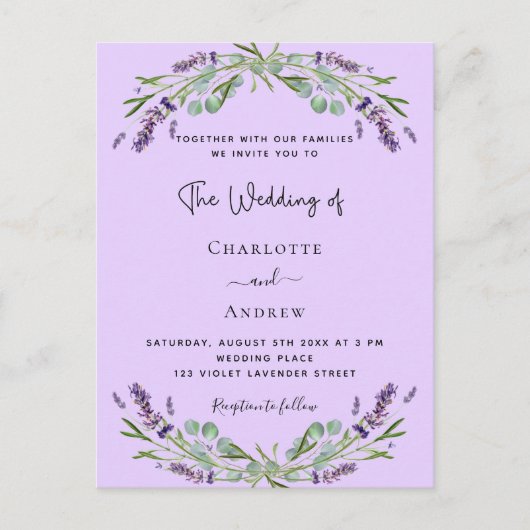 Invitation Carte Postale Mariage de la lavande violette eucalyptus vert (Devant)