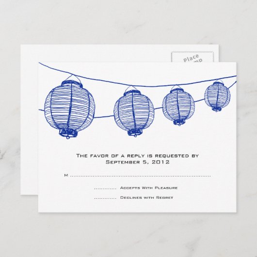 Invitation Carte Postale Mariage de Lanternes Bleues et Blanches RSVP (Devant / Derrière)