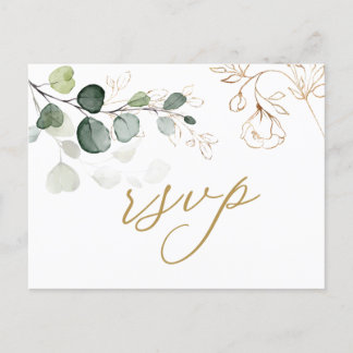 Invitation Carte Postale Mariage de l'Eucalyptus Feuille Golden Floral RSVP
