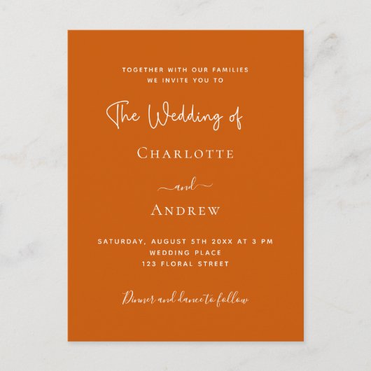 Invitation Carte Postale Mariage de luxe de script orange brûlé (Devant)
