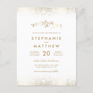 Invitation Carte Postale Mariage de montagne Chic White & Gold Foil Confett